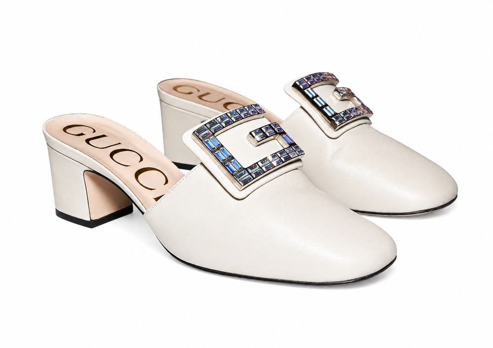 Gucci Madelyn 60 Crystal Square G Ivory Leather Mule Heels Shoes 37.5